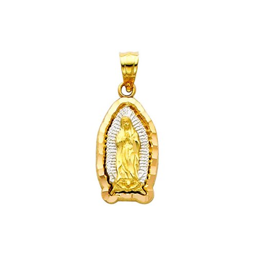 The World Jewelry Center 14k Real Tone Gold Religious Mary Guadlupe Pendant with 1.5mm Diamond Cut Chain Necklace - 16"
