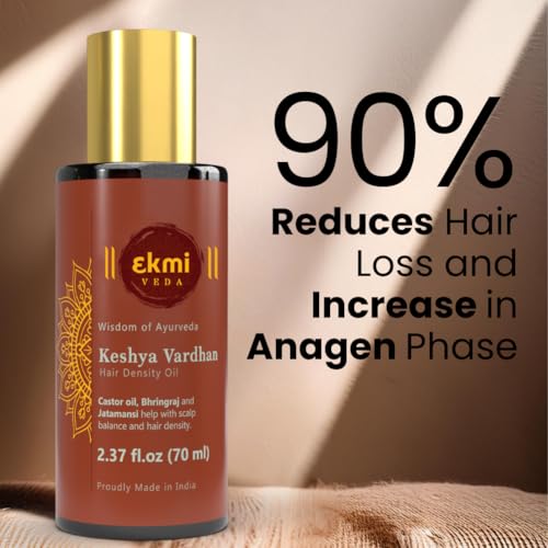 EKMIVEDA Ayurvedic Castor & Rosemary Oil For Hair Density With Bhringraj, Coconut, Amla, Argan, Brahmi. DHT Blocker. Hair Loss Treatment For Women & Men, 2.37 Fl Oz