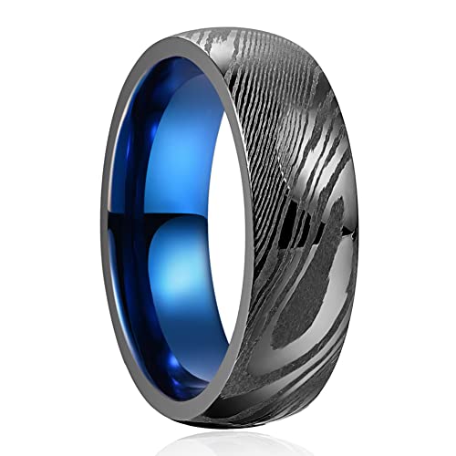 Vakki Damascus Mens Wedding Bands 8mm Black Damascus Steel Rings Blue Innerface Comfort Fit Size 12