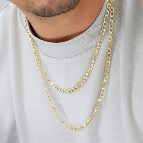 Nuragold 14k Real Yellow Gold Figaro Link Pave Diamond Cut Chain Necklace - 28",5.5mm