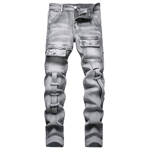 XIMXIMMTIAN Men Slim Fit Jeans Fashion Biker Jeans for Men Stretch Designer Distressed Straight Denim Pants (32, 2131 Gray)