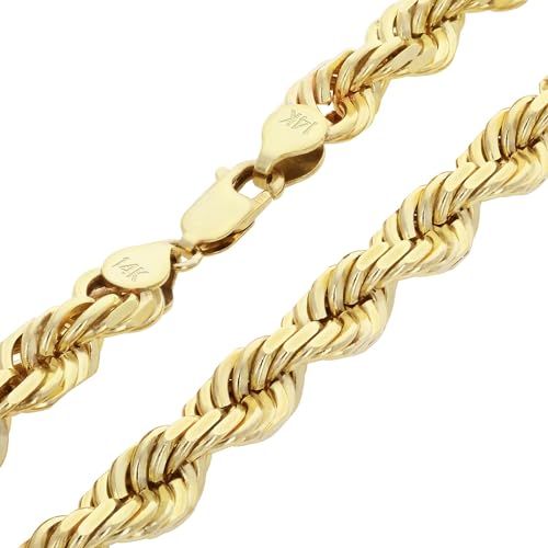 Nuragold 14k Real Yellow Gold Rope Chain Diamond Cut Mens Necklace - 8mm - 22"