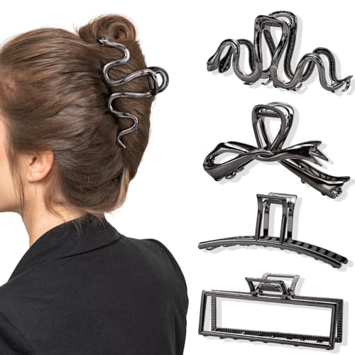 obeoby 4 Pcs Large Metal Hair Claw Clips for Women Thick Long Hair, Black