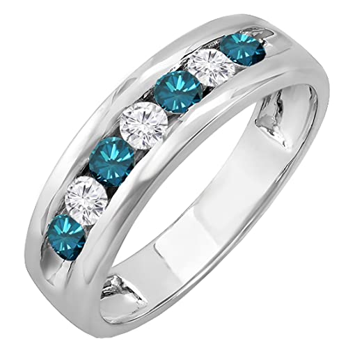 Dazzlingrock Collection 0.85 Cttw Round White & Blue Diamond Mens Anniversary Wedding Ring, 14K Solid White Gold, Size 9