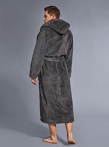 SlumberMee Mens Robe with Hood, Heavyweight Plush Fleece Bathrobe for Men, Full Length Soft Shu Velveteen House Coat with Secure Sewn-in Belt and Deep Pockets(Dark Grey, M)