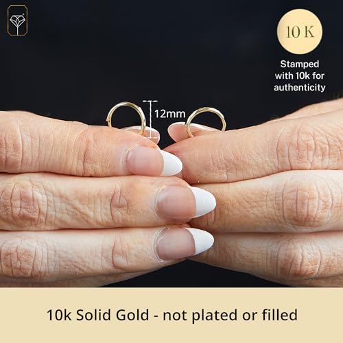 MAX + STONE Solid 10k Gold Hoop Earrings for Women with Hidden Hinged Back 12 mm (0.47 inches) Yellow Huggie Fancy