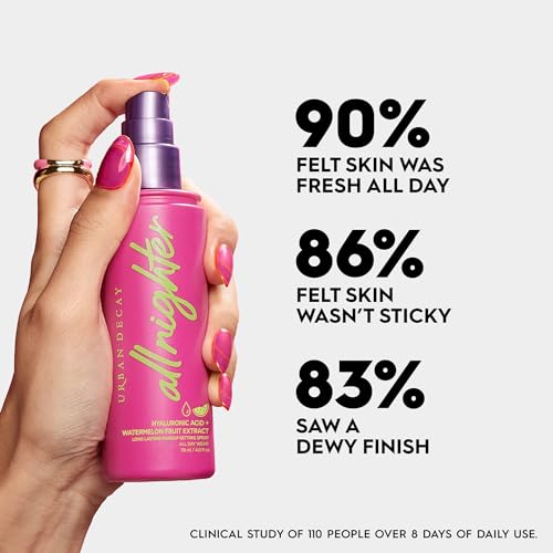Urban Decay All Nighter Hyaluronic Acid Waterproof Dewy Setting Spray for Face (Travel Size), Luminous Glowy Look, Long-lasting, Smudge-proof & Transfer-resistant Makeup, Watermelon Scent - 1 fl oz
