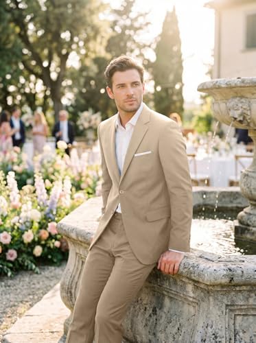 Men Suits Slim Fit 2 Button Men's Suits Solid Champagne Business Suit Blazer Pants for Men Groomsmen Wedding Mens Tuxedo for Prom M