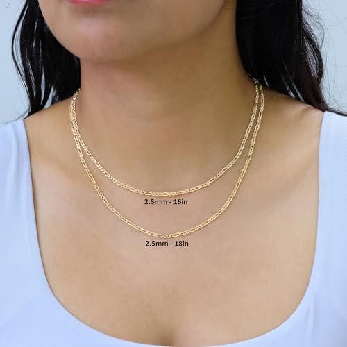 Nuragold 14k Real Yellow Gold Figaro Link Pave Diamond Cut Chain Necklace - 20",2.5mm