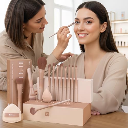 DUcare 14pcs Makeup Gift Set,12Pcs Coffee Series Makeup Brush set with 2pcs Makeup Sponges Foundation Blending Face Powder Blush Eye Shadows Brushes