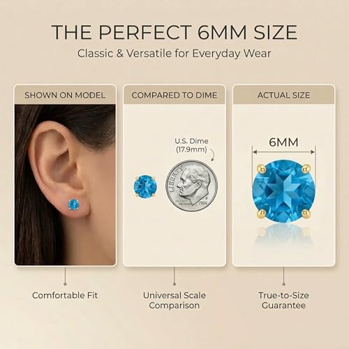10K Yellow Gold Round Swiss Blue Topaz Earrings for Women with Push Backs | 6mm Solitaire December Birthstone Earring | Solid Real 10 Karat Gold Gemstone Studs for Women by MAX + STONE