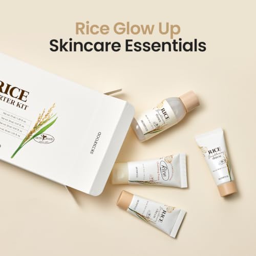 SKINFOOD Rice Starter Kit, Rice Toner, Rice Serum, Rice Moisturizer, and Rice Face Wash for Glass Skin, Korean Skin Care Set, Travel Size Kit, Stocking Stuffers, Gift Set for Women, Skincare Gift Set