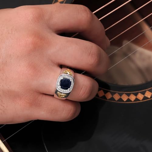 Gem Stone King Two-Tone Cushion Cut Ring for Men, Blue Sapphire, 11