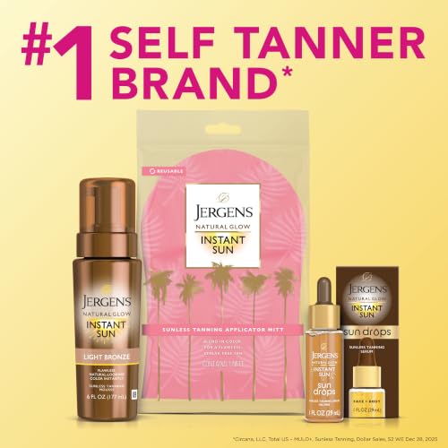 Jergens Natural Glow Instant Sun Body Mousse, Self Tanner for Deep Bronze Tan, Sunless Tanning Body Bronzer for Natural Looking Color Instantly, 6 Oz