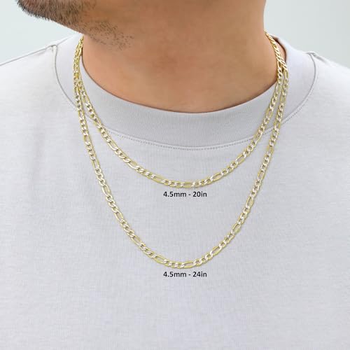 Nuragold 10k Real Yellow Gold Figaro Link Pave Diamond Cut Chain Necklace - 22",4.5mm