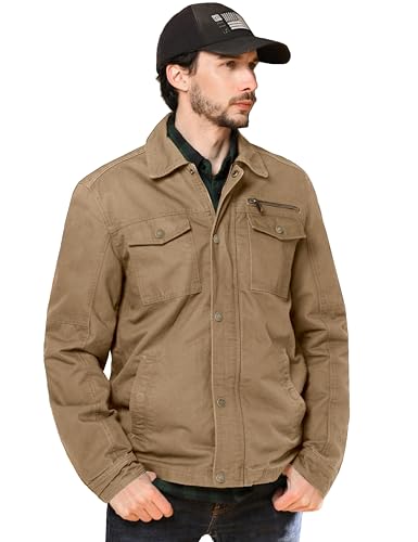 WenVen Men's Flat Collar Casual Cotton Outfit Jacket (Khaki, M)