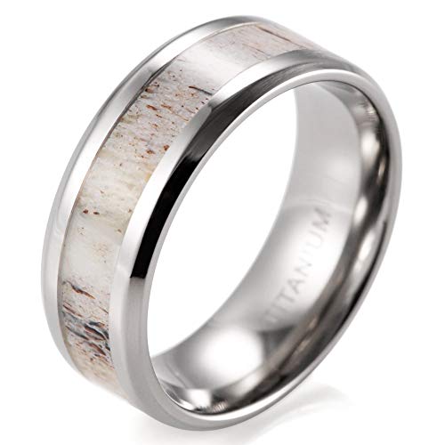 SHARDON Men's 8mm Beveled Edge Titanium Wedding Ring with Real Deer Antler Inlay Size 10