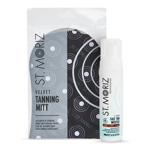 St. Moriz Professional 1 Hour Fast Self Tanner Mousse with Tanning Mitt Bundle - Light to Dark - 200ml - Sunless Instant, Express Self Tanning Foam for Golden, Natural Looking Fake Tan - Aloe Vera