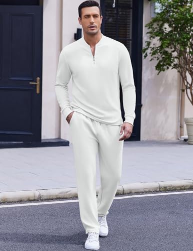 COOFANDY Men's Quarter Zip Polo Sweatsuit Polo 2 Piece Set Jogging Outfits Tracksuit Athletic Pants and Long Sleeve Casual Sports Set