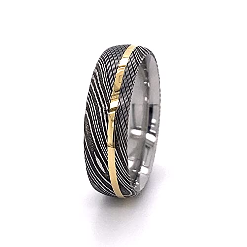 New 6mm Wide Damascus Steel Ring with 14k Solid Yellow Gold Inlay