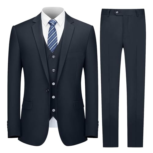 Cooper & Nelson Men's Suit Slim Fit, 3 Piece Suits for Men, One Button Solid Jacket Vest Pants with Tie, Tuxedo Set Dark Navy M