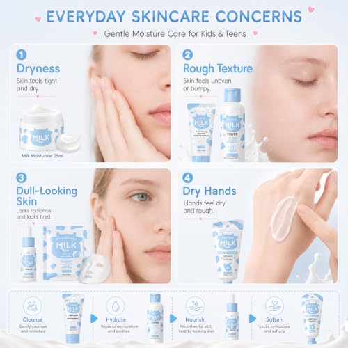 Milk Skin Care Set for Kids & Teens, 12 IN 1 Moisturizing Milk Skincare for Girls 10-12, Skincare for Kids Age 8-12, Birthday Gifts for Teen Girls, Face Care Kit, Korean Skin Care,12PCS