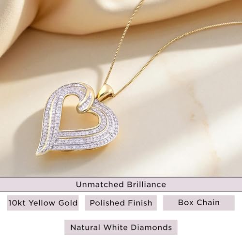 Jewelili 10K Yellow Gold Jewelry | Diamond Heart Pendant Necklace for Women