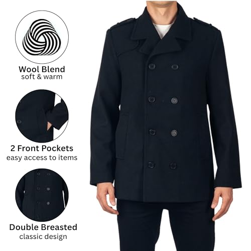 Alpine Swiss Jake Mens Wool Pea Coat Double Breasted Jacket Black XL
