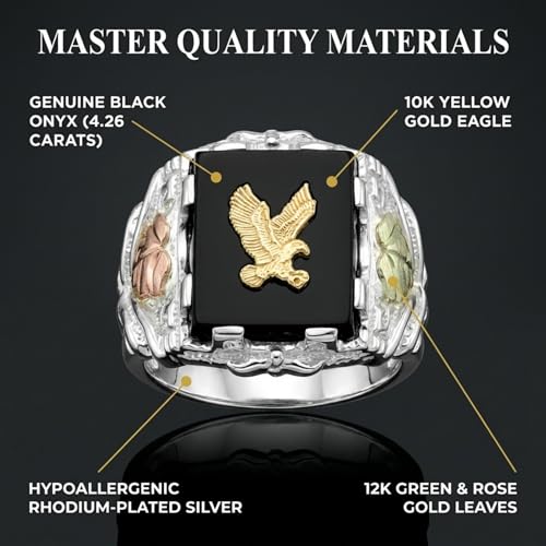 Men's Onyx Eagle Ring, 10k Yellow Gold, Sterling Silver, 12k Green and Rose Black Hills Gold Size 11