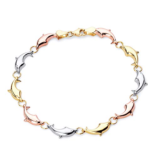 14k REAL Tri Color Gold Stampato Dolphin Bracelet with Lobster Claw Clasp - 7.25"
