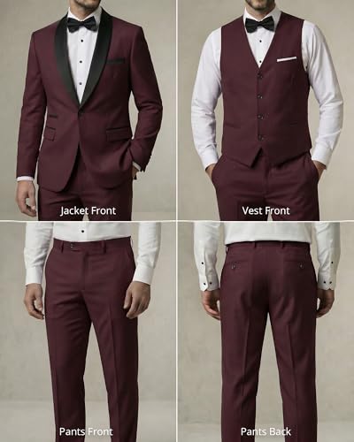 YND Men's 3 Piece Tuxedo Set with Bow Tie, Slim Fit One Button Shawl Lapel Suit Blazer Vest Pants, for Wedding Prom Dinners, Burgundy
