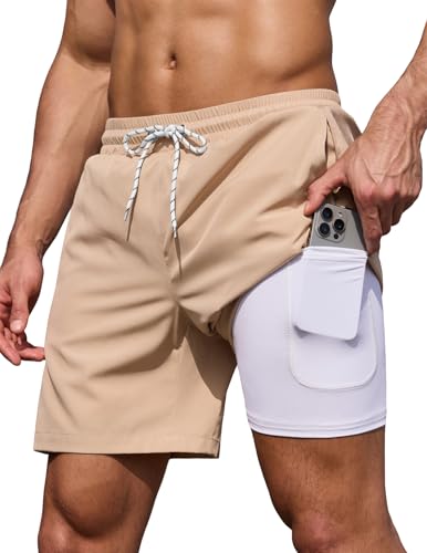 COOFANDY Mens Swim Trunks 7 Inch Board Shorts Swimwear Summer Beach 5 Inch Quick Dry Lined Bathing Suits Khaki Tan