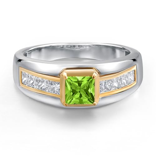 Gem Stone King Princess Cut Ring For Men | 5MM Princess Cut Gemstone Birthstone and 2.4MM Round Lab Grown Diamond | 925 Silver and 10K Yellow Gold | Available in Size 7-13