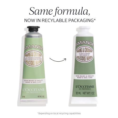 L'OCCITANE Almond Delicious Hand & Nail Cream: Soften hands & Cuticles with Irresistible Almond Scent, Moisturizing, Infused With Almond Oil, 24-hour hydration*, 1 Oz