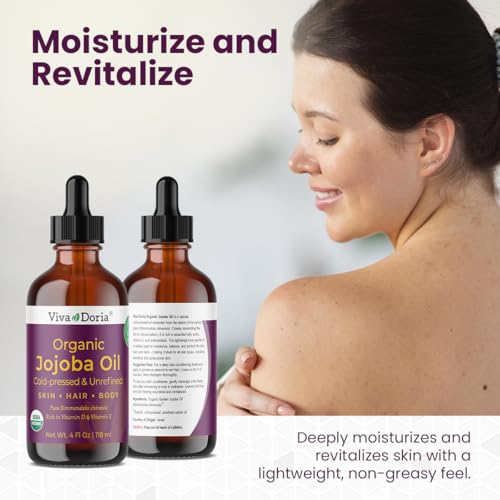 Viva Doria Jojoba Oil, USDA Certified Organic, 4 fl oz, Natural Jojoba Oil for Hair, Skin & Face, Cold Pressed Unrefined
