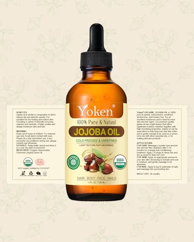 Yoken Organic Jojoba Oil 4oz with dropper, Pure for Nails, Face & Skin Care