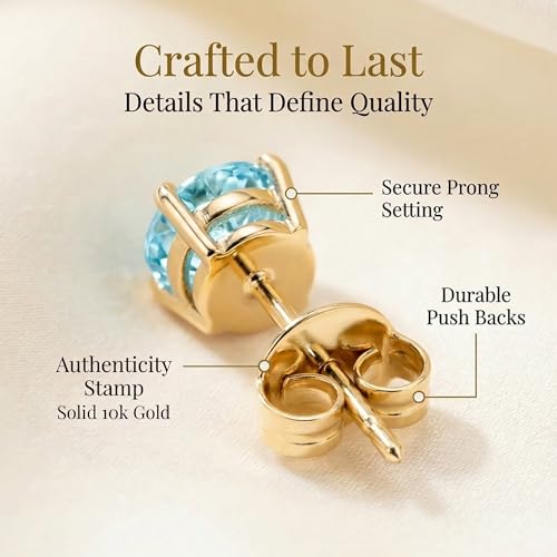 10K Yellow Gold Round Aquamarine Stud Earrings for Women with Push Backs | 6mm Blue March Birthstone Earrings | Solid Real 10 Karat Gold Gemstone Earrings for Women by MAX + STONE