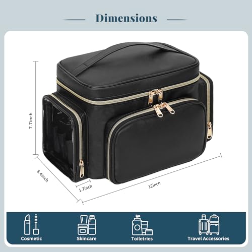 Bagmoly Large Makeup Bag, Portable Travel Makeup Bag Organizer for Women Girls with Makeup Brush Compartment & Two Side Pockets, Cosmetic Travel Bag Vertical Storage Toiletry Bag - Black