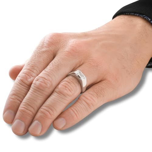 P3 POMPEII3 Pompeii Certified 3Ct Men's Emerald Cut Half Bezel Diamond Ring 14k Gold or Pt Lab Grown - Size 11.5 (F/G,VS1-VS2)