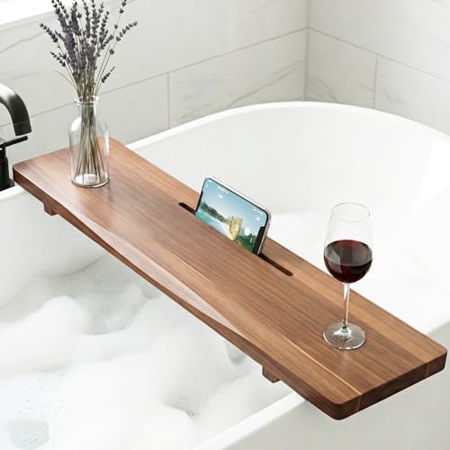 Acacia Wood Bathtub Tray Caddy, 35" L Adjustable for Freestanding Tub
