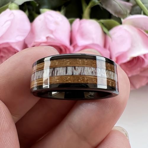 TUTISS 8mm Black Tungsten Rings for Men Women Wedding Bands Whisky Barrel Wood Deer Antler Inlay Flat Polished Comfort Fit Size 9.5