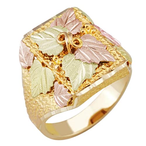 Men's Square Multiple Leaf Ring, 10k Yellow Gold, 12k Green and Rose Black Hills Gold Size 9.5
