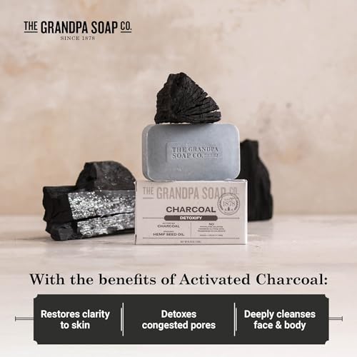 The Grandpa Soap Company Charcoal Bar Soap - With Activated Charcoal Hemp Seed and Mint Oil, Detoxifies, Draws Out Dirt and Toxins, Clear Congested Pores, Vegan, 4.25 Oz, 3 Pack