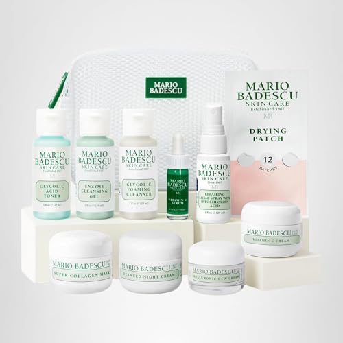 A Little Bit of Mario 10-Piece Skincare Kit – Vitamin C Serum, Glycolic Acid Toner, Hyaluronic Dew Cream, Collagen Mask, HOCI Spray & Cleanser – Brightening, Anti-Aging & Hydration – Travel & Gift Set