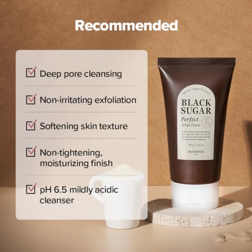 SKINFOOD Black Sugar Perfect Scrub Foam 180g - Detoxifying Pore Scrubs & Exfoliator Soft & Rich Bubble Facial Foam Cleanser, Removes Dead Skin Cells - Exfoliating Skincare for Men & Women (6.35 oz)