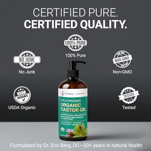 Dr. Berg Organic Castor Oil – 16 fl oz Cold-Pressed Oil – Pure, Unrefined, Single Ingredient – Sourced in India, Bottled in USA – Lab Tested, USDA Organic, Glass Bottle