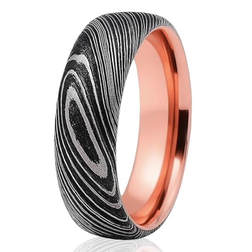 The Jewelry Source 7mm Damascus Steel Wedding Band for Men – 14K Rose Gold Sleeve – Comfort Fit Ring with Etched Grain Pattern (4)
