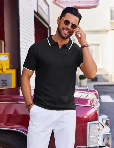 COOFANDY Mens Polo Shirts Short Sleeve Casual Knit Polo Shirt Vintage Golf T Shirts Old Money Tops Black