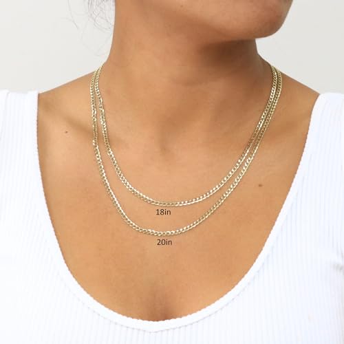 Nuragold 14k Real Yellow Gold Cuban Curb Solid Link Chain Necklace - 3mm - 22"
