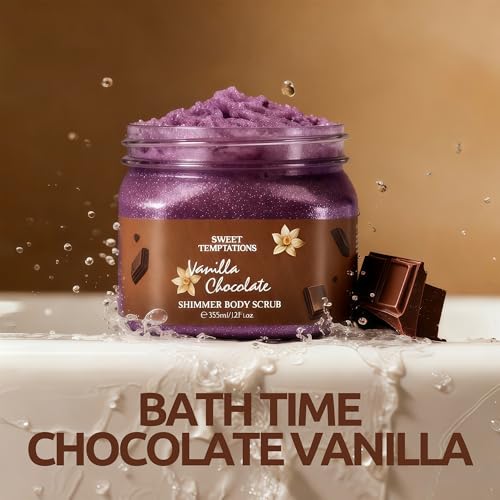 Sweet Shimmer Body Scrub - Exfoliate & Glow for Soft, Radiant Skin - 12 oz / 355ml with Jojoba Oil & Vitamin E for All Skin Types (Vanilla Chocolate)